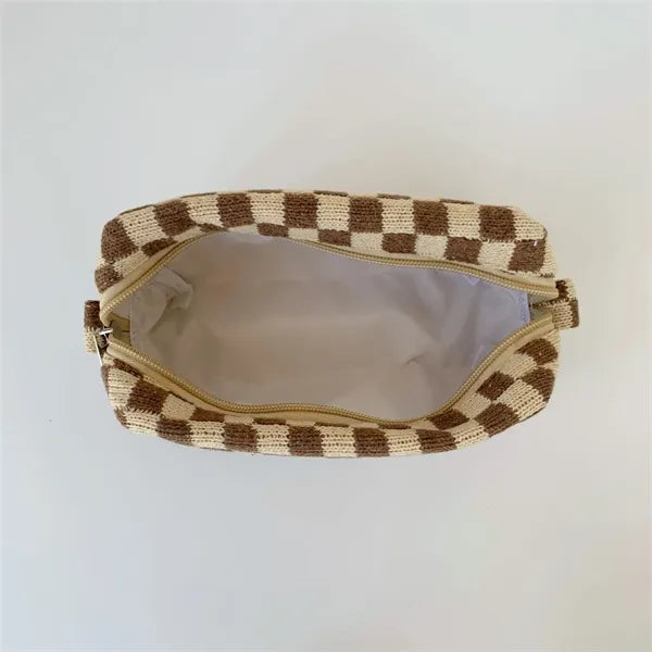 Checkered Zipper Pouch Cosmetic Makeup Bag for Purse