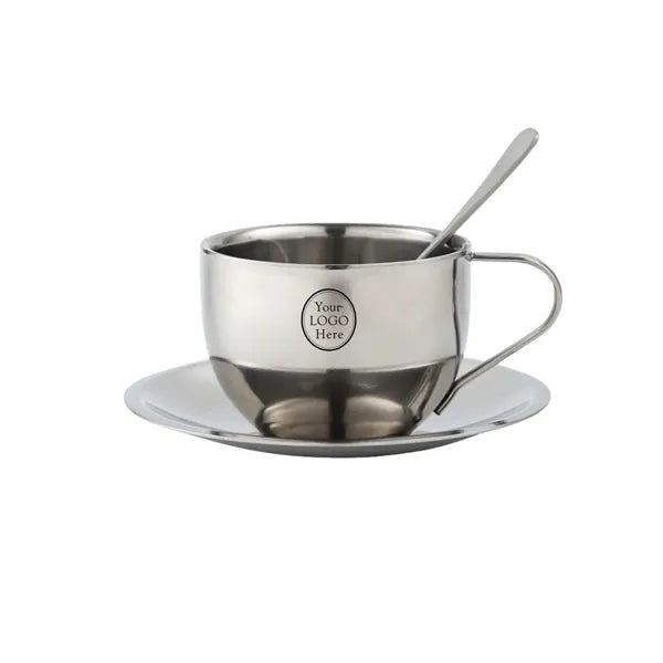 6 Oz. Stainless Steel Coffee Cup Set (Cup Saucer & Spoon)