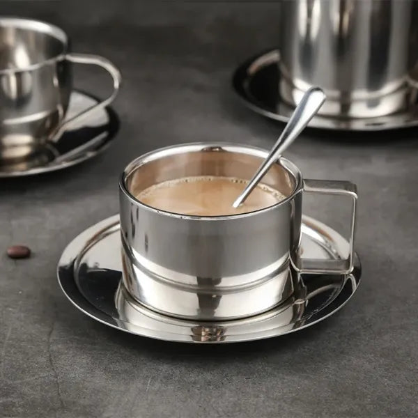6 Oz. Stainless Steel Coffee Cup Set (Cup Saucer & Spoon)