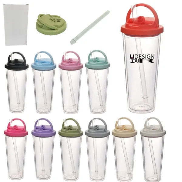 24oz Double Layer Plastic Straw Tote Lid Drinking Mug