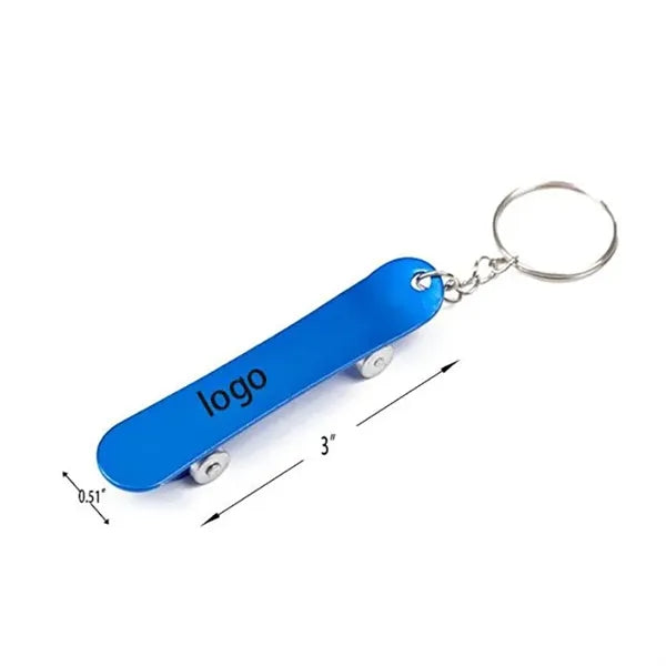 Bottle opener keychain with a skateboard design