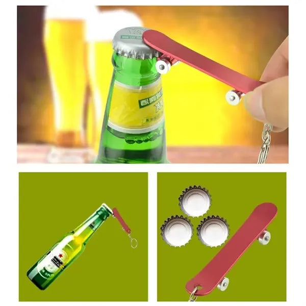 Bottle opener keychain with a skateboard design