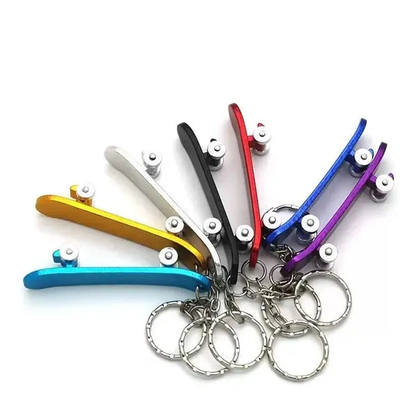 Bottle opener keychain with a skateboard design