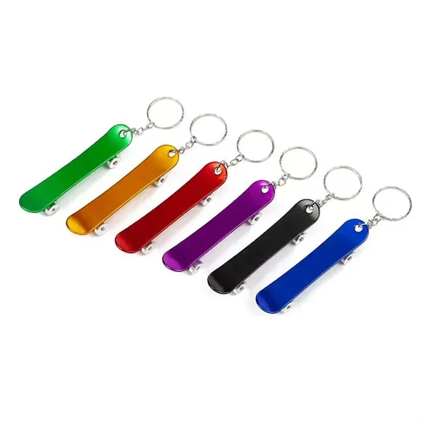 Bottle opener keychain with a skateboard design