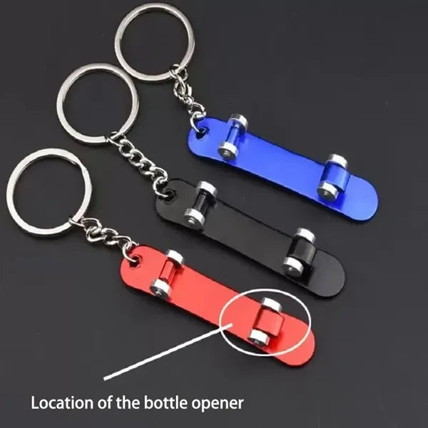 Bottle opener keychain with a skateboard design