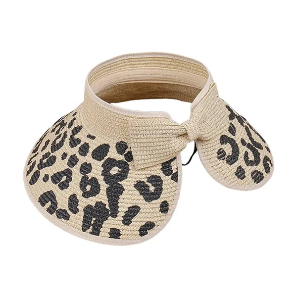 Women's Leopard Bow Roll-up Straw Visor