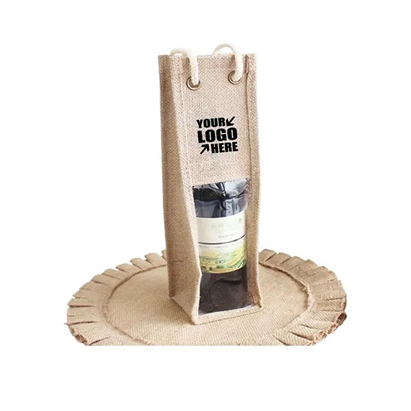 Jute Single Bottle Wine Gift Tote Bags w/ Window