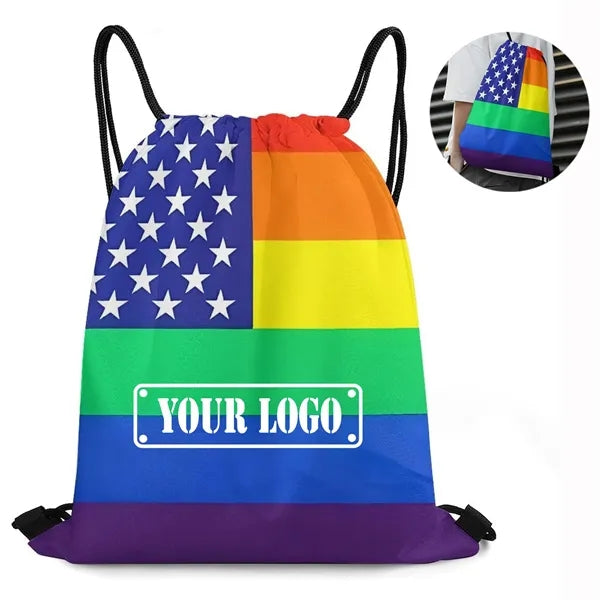 Rainbow Pride US Flag Drawstring Backpack