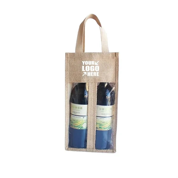 Clear Window Burlap Portable 2 bottles Wine Bag