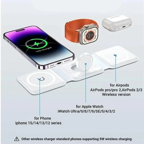 3 in 1 Versatile Magnetic Black Foldable Wireless Charger