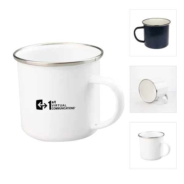 12Oz White Enamel Mug Silver Rim With Case