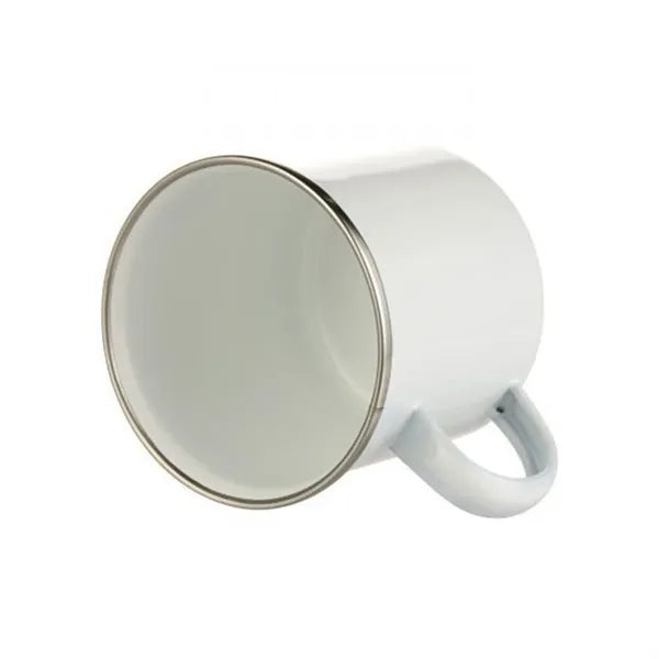 12Oz White Enamel Mug Silver Rim With Case