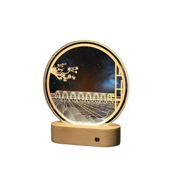 3D Led Night Light Lamp w/ Wooden Base