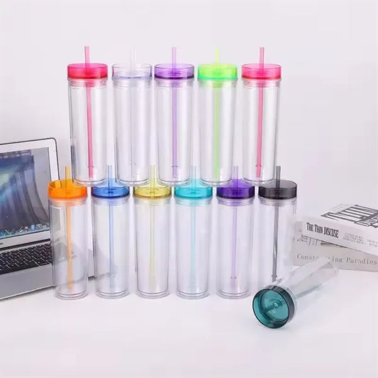 16oz Double Wall Acrylic Skinny Tumblers With Straw