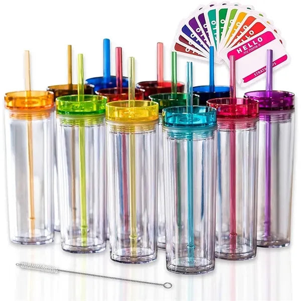 16oz Double Wall Acrylic Skinny Tumblers With Straw