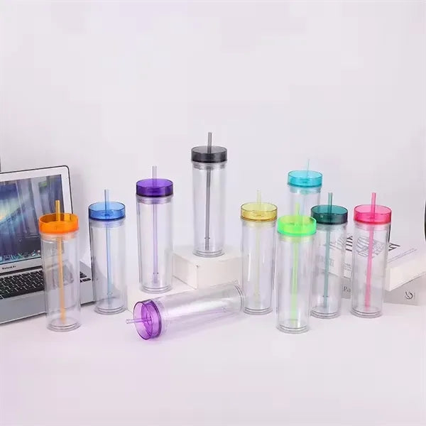 16oz Double Wall Acrylic Skinny Tumblers With Straw