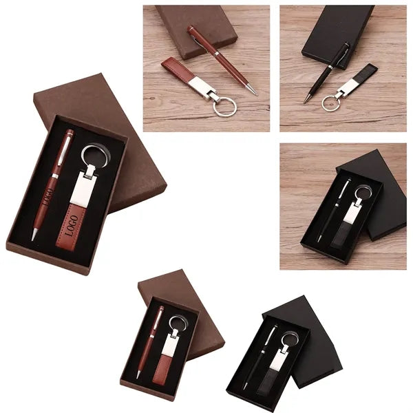 Brown Pu Keychain Set Pen Gift