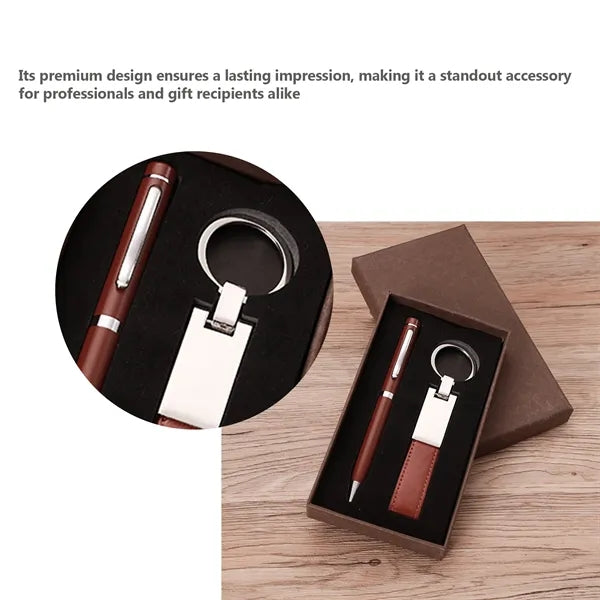 Brown Pu Keychain Set Pen Gift