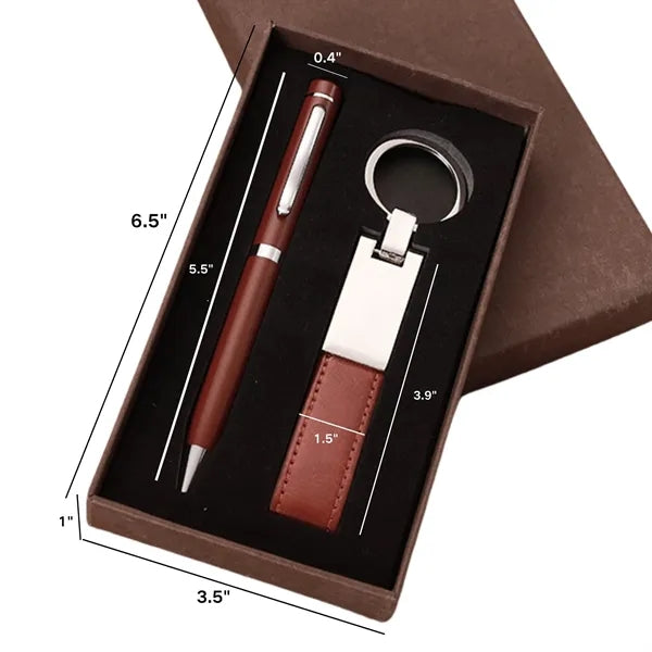 Brown Pu Keychain Set Pen Gift