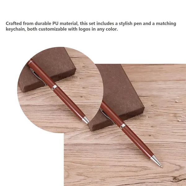 Brown Pu Keychain Set Pen Gift