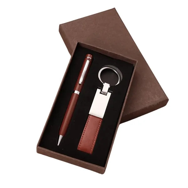Brown Pu Keychain Set Pen Gift
