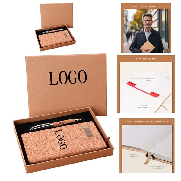 Cork Notebook And Leather Pen Gift Set