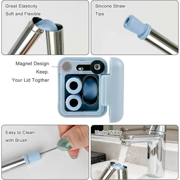 Collapsible Stainless Steel Straws With Silicone Tips