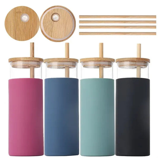 16 Oz Silicone Cover Glass Cup with Bamboo Lid and Straw