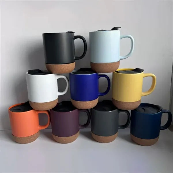 13 oz. Ceramic Coffee Mug Cork Base Spill Proof Lid Handle
