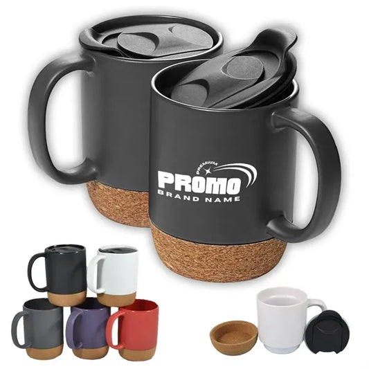 13 oz. Ceramic Coffee Mug Cork Base Spill Proof Lid Handle