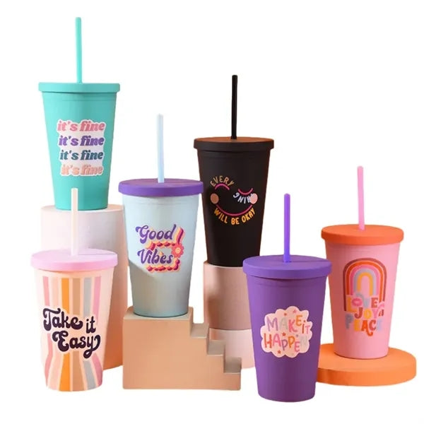 16oz Double Wall Plastic Tumbler with Straw