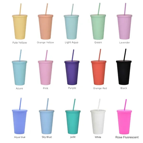 16oz Double Wall Plastic Tumbler with Straw