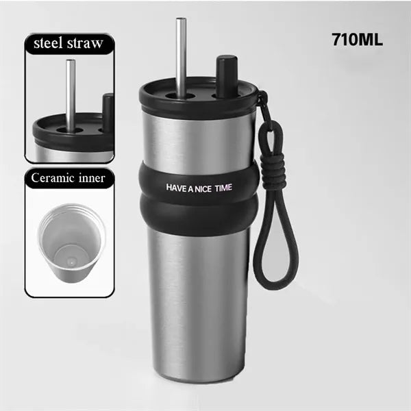 24OZ Large Ceramic Lined Car Tumbler With Straw