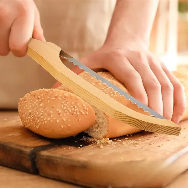 Wooden Bread Slicer Stainless Steel Serrated Bowl Knife