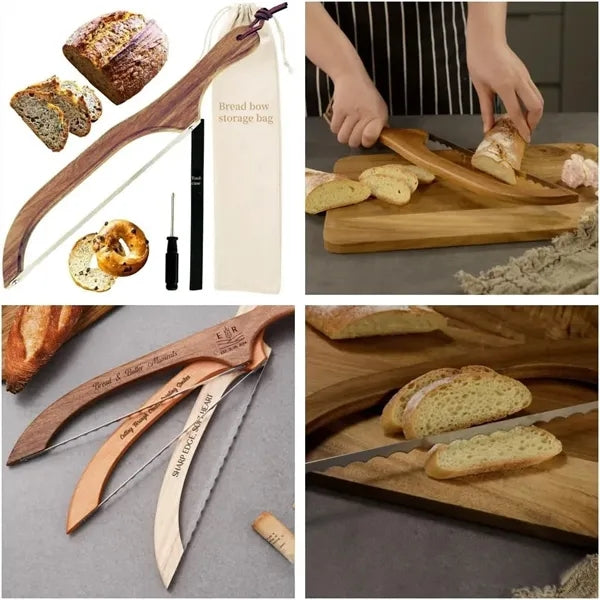 Wooden Bread Slicer Stainless Steel Serrated Bowl Knife
