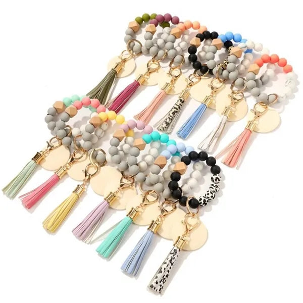 Silicone bead wood brand wooden Beaded bracelet tassel