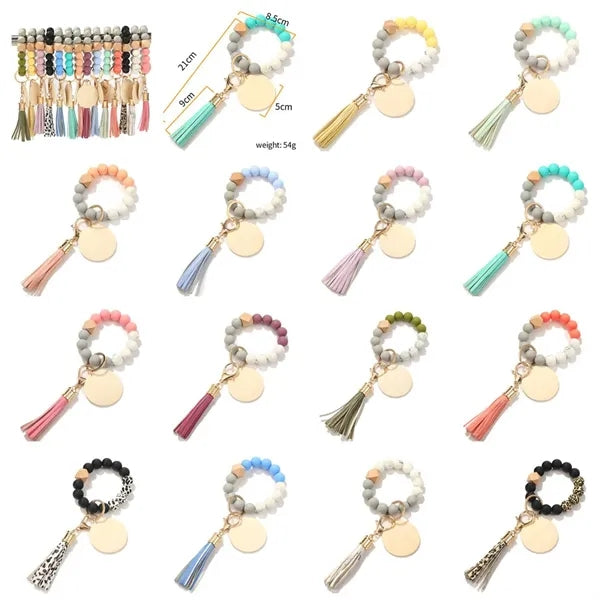 Silicone bead wood brand wooden Beaded bracelet tassel
