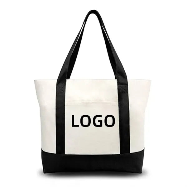 Medium Cotton Canvas Tote Bag w/PU Leather Handles & Pocket