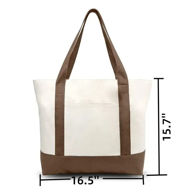 Medium Cotton Canvas Tote Bag w/PU Leather Handles & Pocket