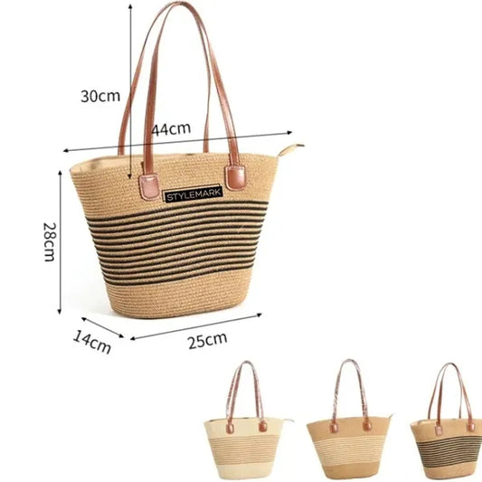 Straw Beach Tote Bag with Tassel Hat Clip for Travel