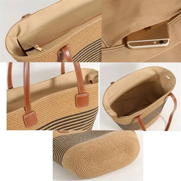 Straw Beach Tote Bag with Tassel Hat Clip for Travel