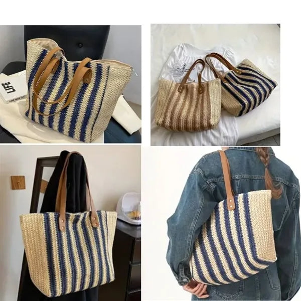 Straw Beach Tote Bag with Tassel Hat Clip