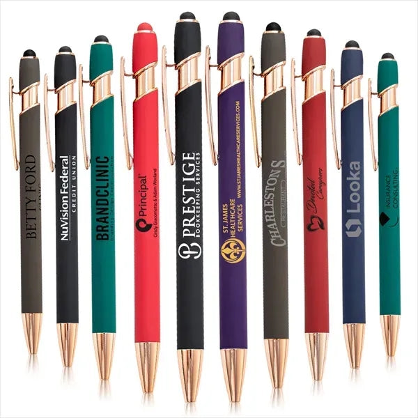 Rainbow Rubberized Click Ballpoint Pen With Rose Gold Chrome