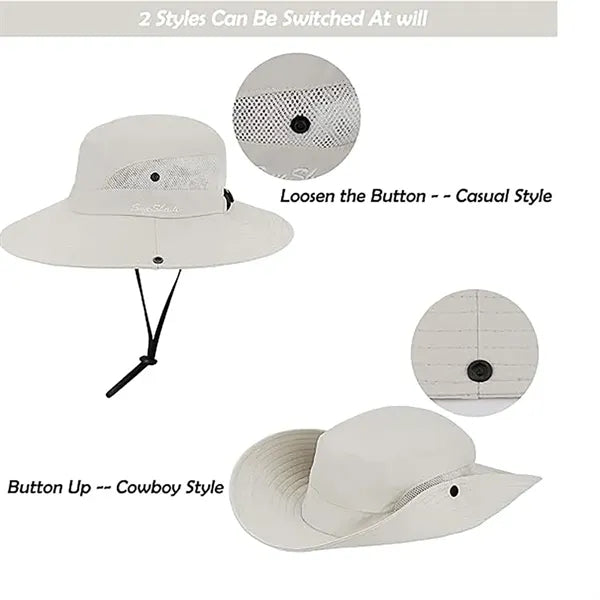 Outdoor Sun Hats Mesh Wide-Brim Beach W/ Ponytail-Hole