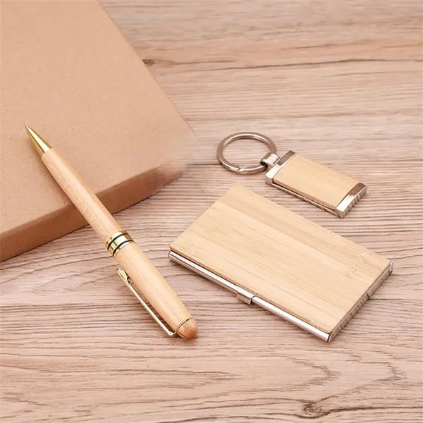 Bamboo Business Card Box Keychain Signature Pen Set