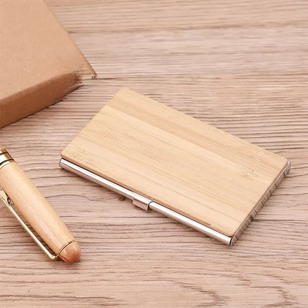 Bamboo Business Card Box Keychain Signature Pen Set