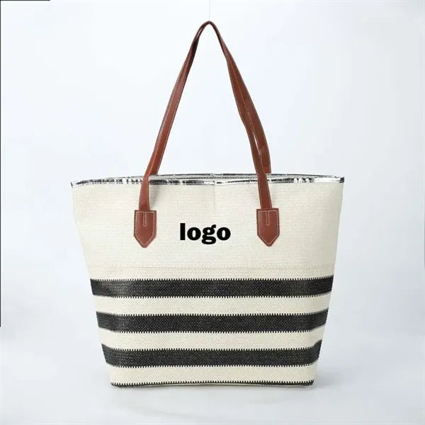 Striped Patchwork Burlap Tote Bag