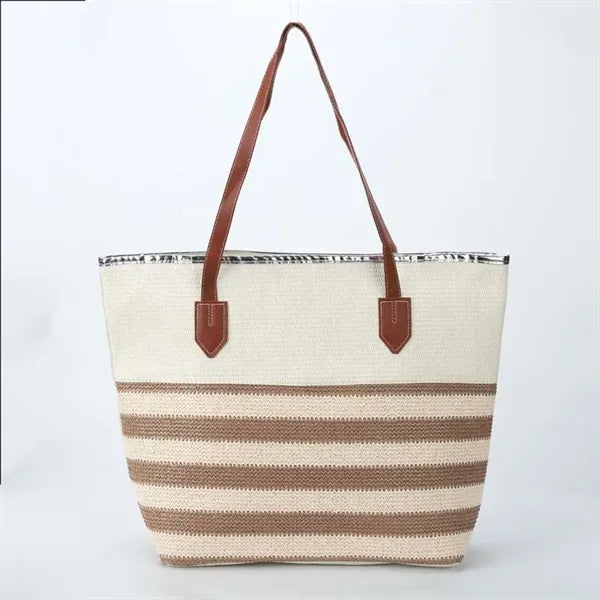 Striped Patchwork Burlap Tote Bag