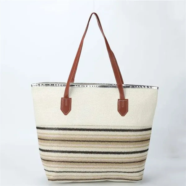 Striped Patchwork Burlap Tote Bag