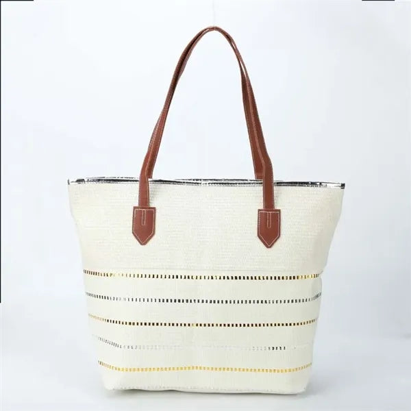 Striped Patchwork Burlap Tote Bag